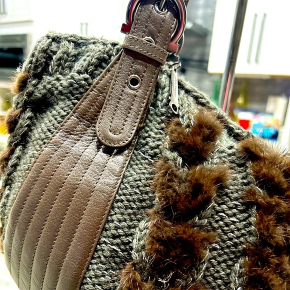 Salvatore Ferragamo Authentic Brown Mink. Grey Knit. Leather Trim Bag - Picture 9 of 14